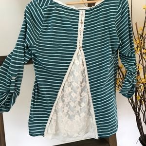 Meadow Rue Lace Inset Teal Striped Top